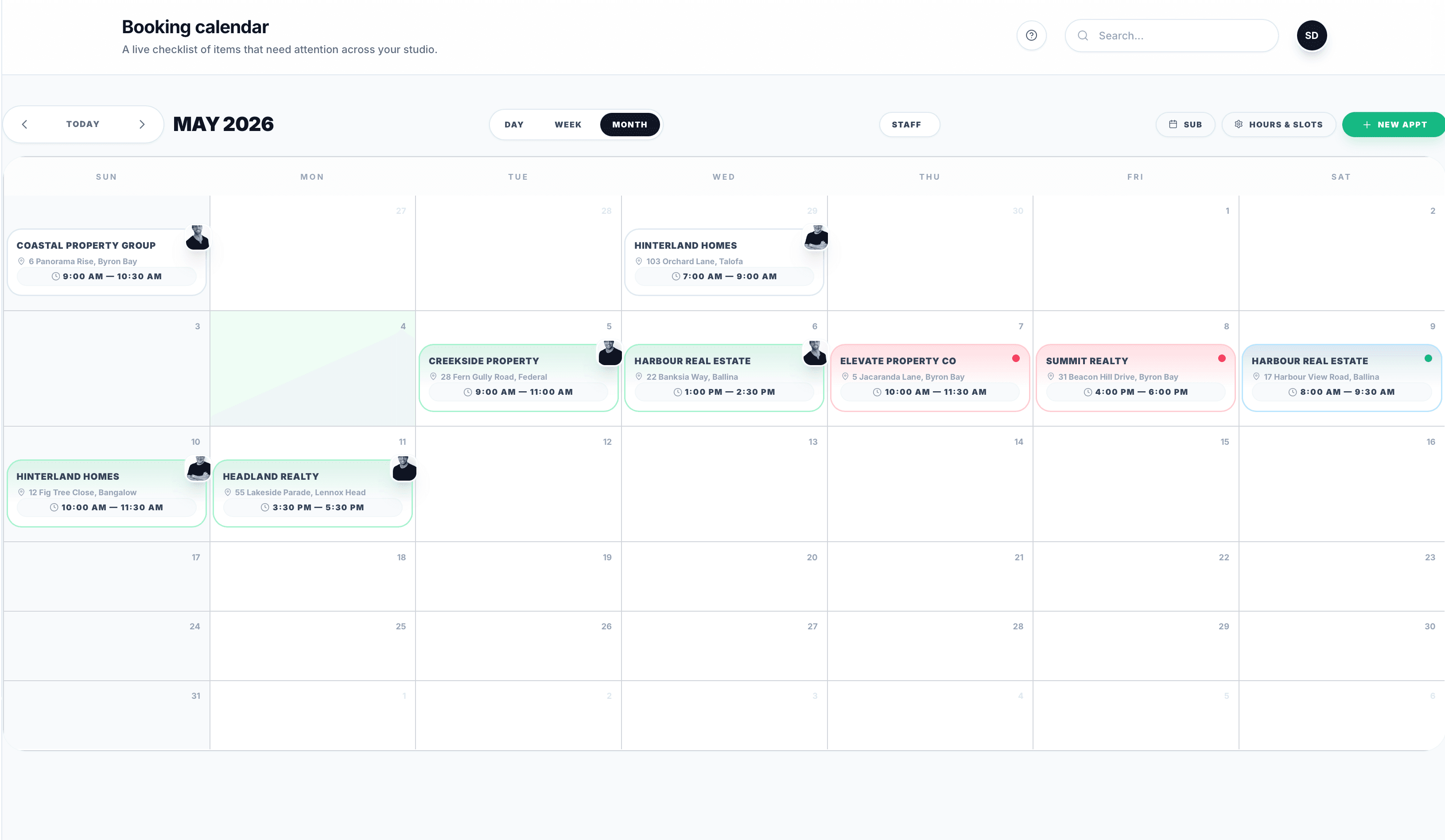 Studiio booking calendar — month view