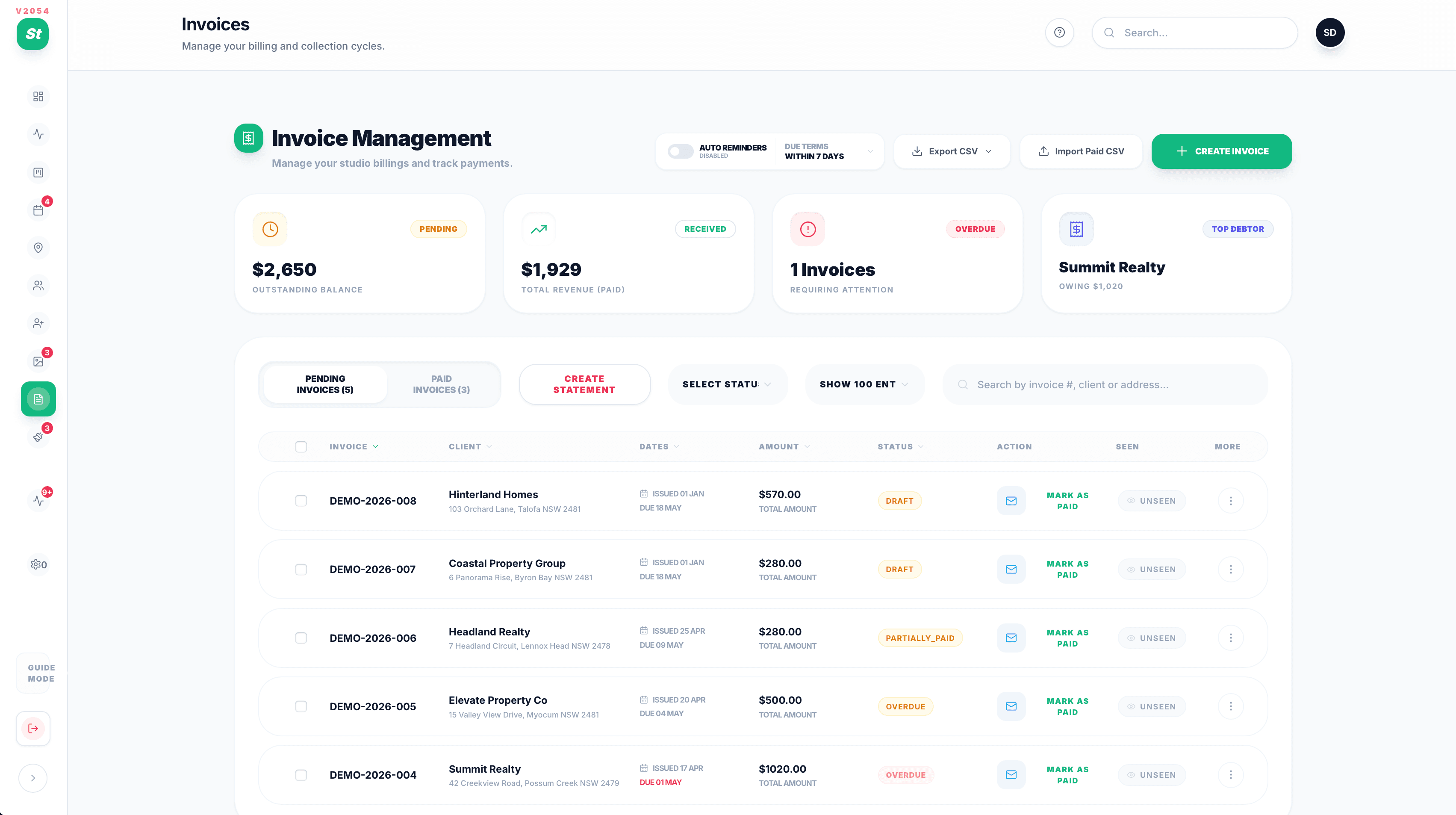 Studiio invoice management and billing